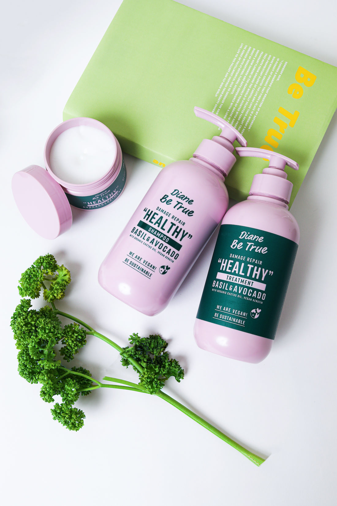 Be True Healthy Damage Repair series lay down with veggies & book