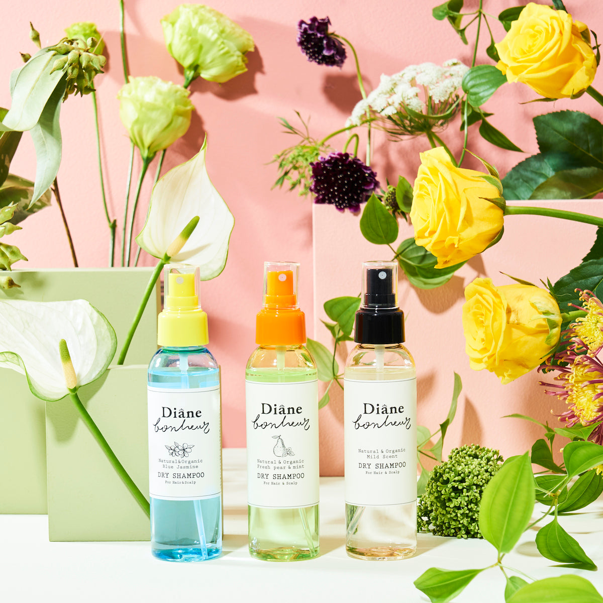 Diane Bonheur FRESH Dry Shampoo series with floral background