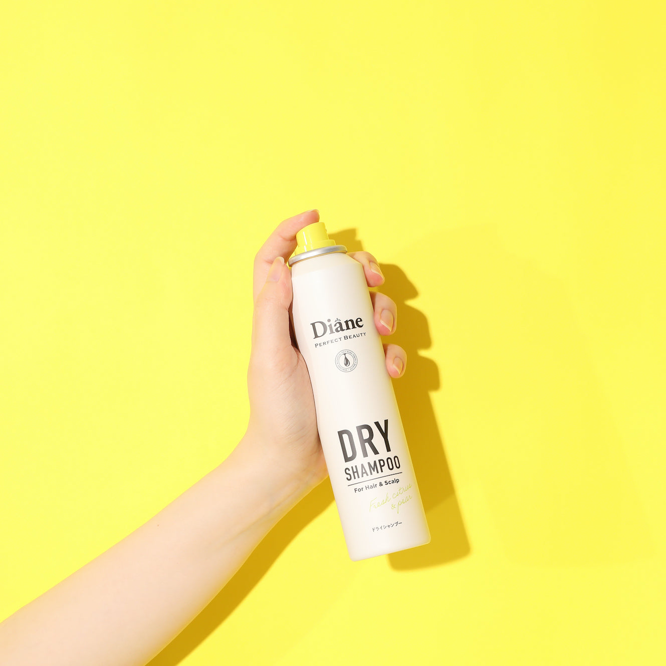 holding Perfect Beauty Dry Shampoo Fresh Citrus & Pea on yellow background